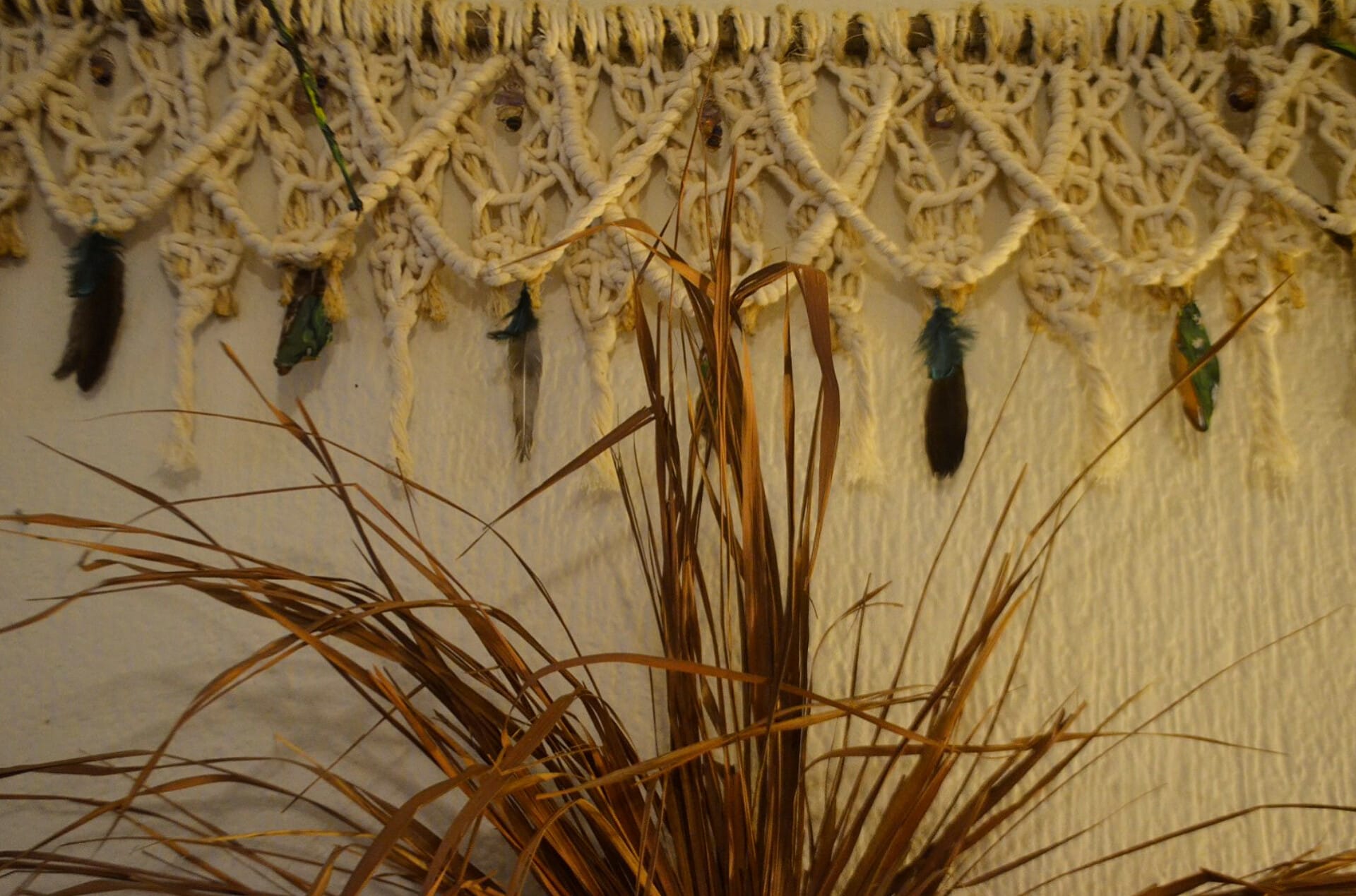 healing macreme wall hanging all elements present, therapeutic art at earthing clubhouse PCD MX. feathers, crystals, charcoal. infrared, and more.