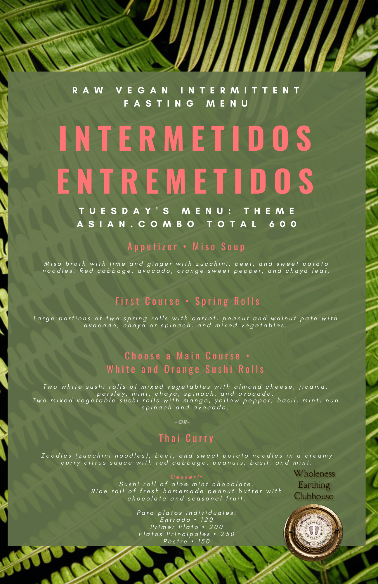 Tuesday's raw vegan food menu Playa del Carmen.